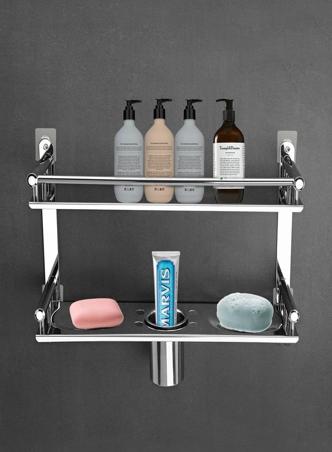 ARQUIN Bathroom Shelf and Rack | 304 Stainless Steel 2 Layer Wall Mounted Bathroom Storage Shelves Washroom Basin | Double Soap Dish and Tumbler Holder Soap Holder Bathroom Accessories - Image 4